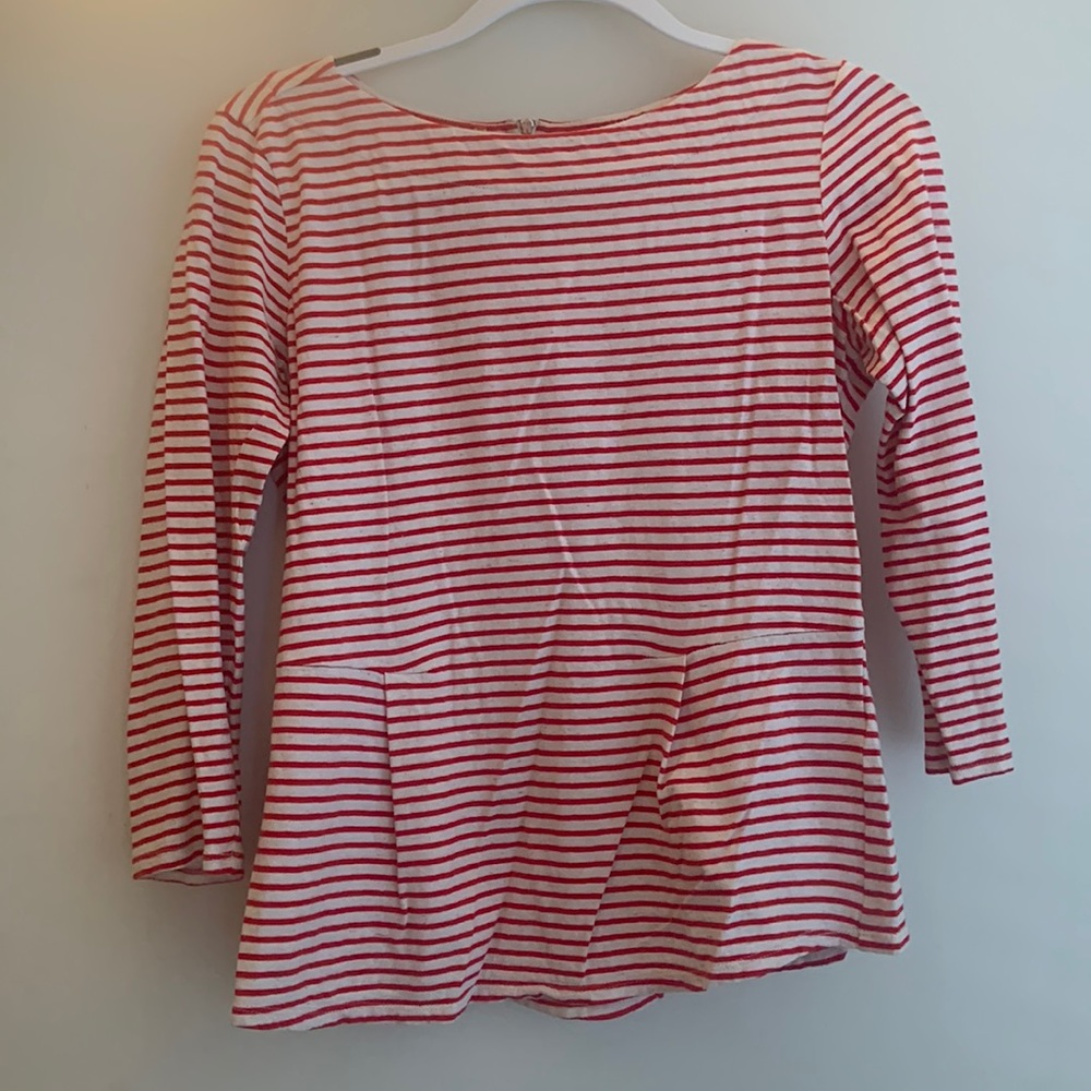 Rebecca Taylor Red & White Striped Peplum 3/4-sleeve Top with Elbow Patches